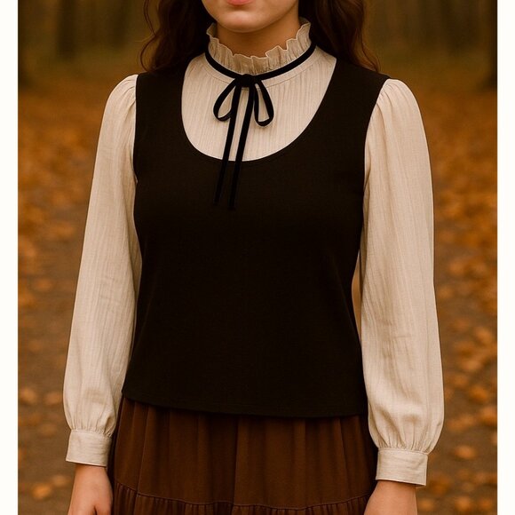 Cottagecore Dark Academia Preppy Line & Dot Sweater Womens Sz XL Black Victorian - Picture 1 of 11